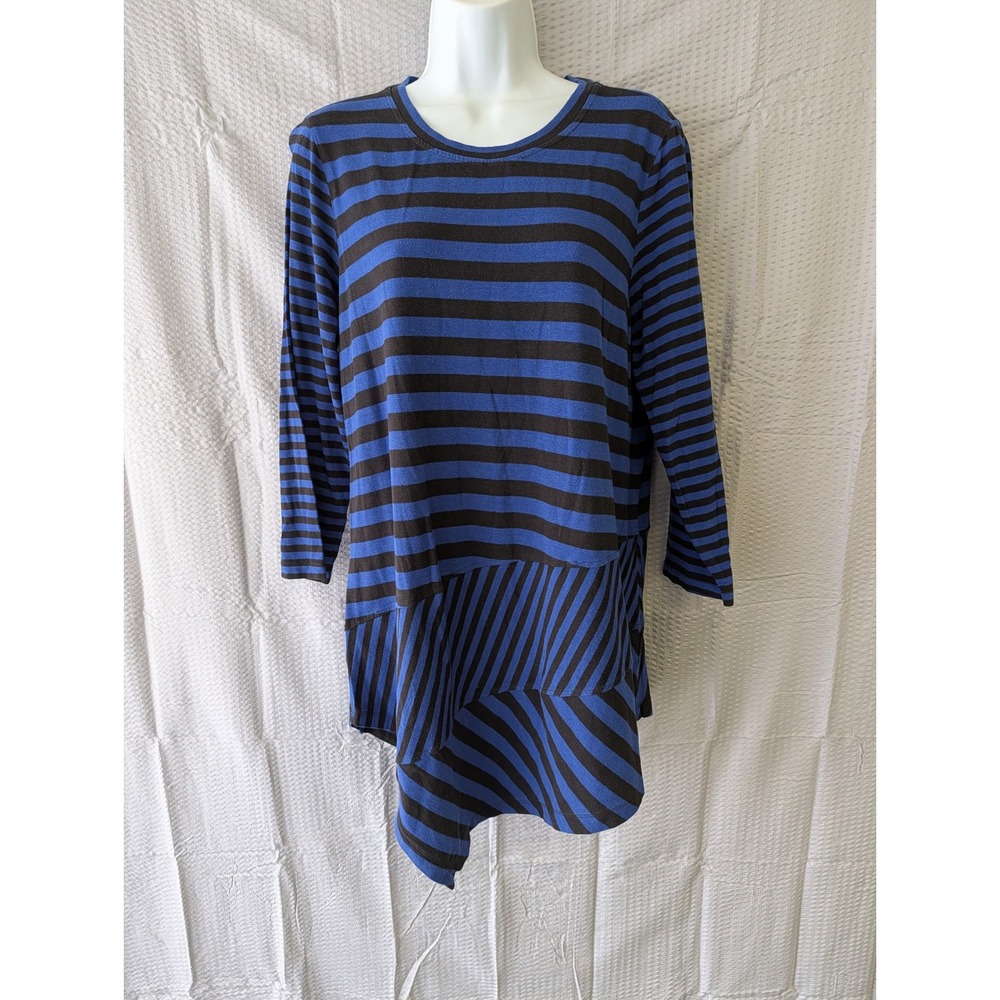 Westbound Womens Large Blue Black Striped Asymmetrical Hem Long Sleeve Tunic Top